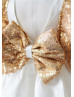 Ivory Satin Gold Sequin V Back Fashion Flower Girl Dress